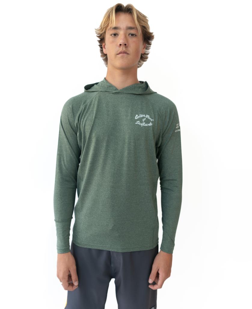 A young man with blonde hair wears the Golden Breed Rapper Hoodie Rash Shirt in Green Marle, a 50+ UPF long-sleeve rashie, and stands facing forward against a white background.