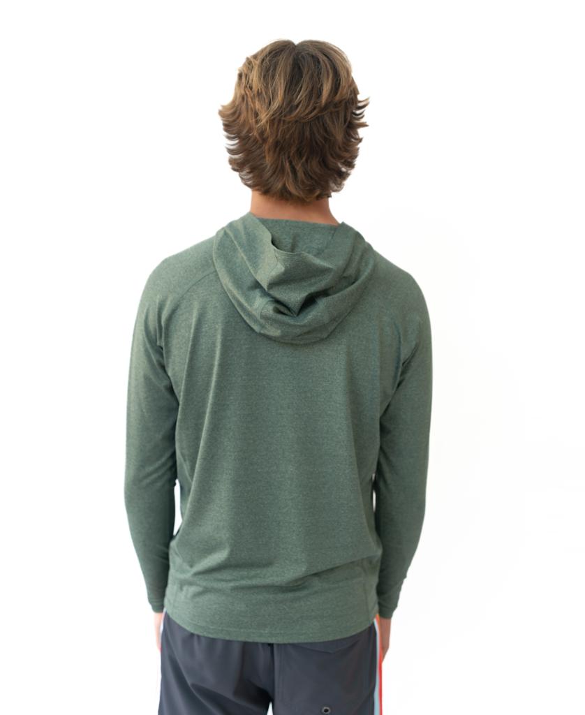 A person with light brown hair wears the Golden Breed Rapper Hoodie Rash Shirt in Green Marle and gray shorts—offering 50+ UPF protection—facing away against a white background.