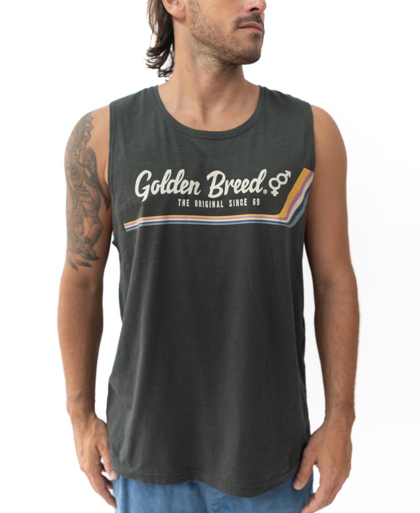 A man wears the Golden Breed Retro Muscle Tank in Wash Black, featuring The Original Since 69 text and a rainbow stripe across the chest, standing against a white background.