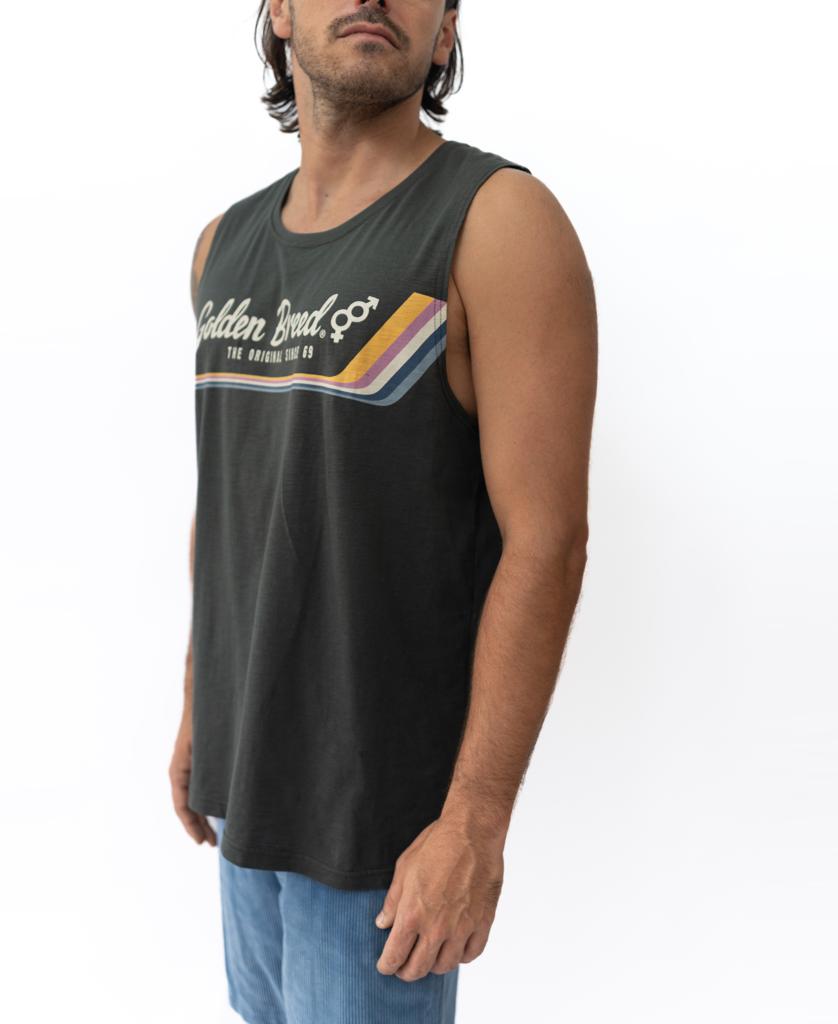 A man wearing a Golden Breed Retro Muscle Tank in Wash Black with a vintage graphic and blue shorts stands against a white background.