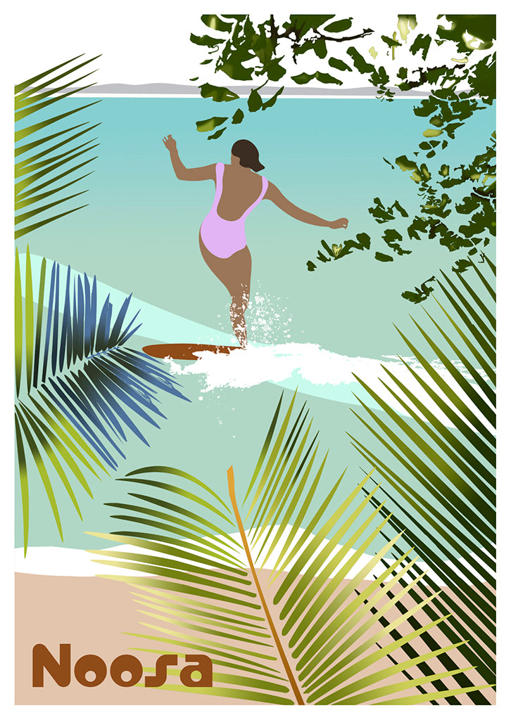 Postcard Honalula by Let Me Sea features vintage surf postcard style, depicting a surfer on turquoise water near a sandy beach with lush tropical leaves in front and Honalula at the bottom.
