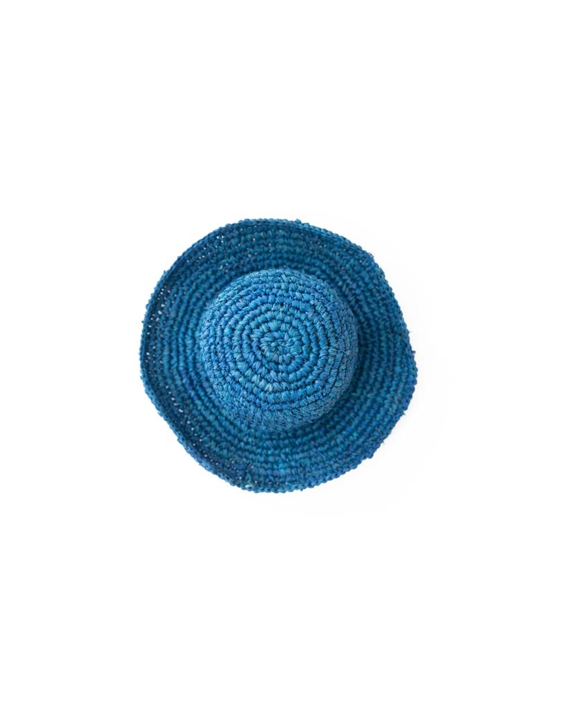 The Lazy Beach Raffia Bucket Hat with Brim in blue, shown from above on a white background, is the perfect accessory for summer style.