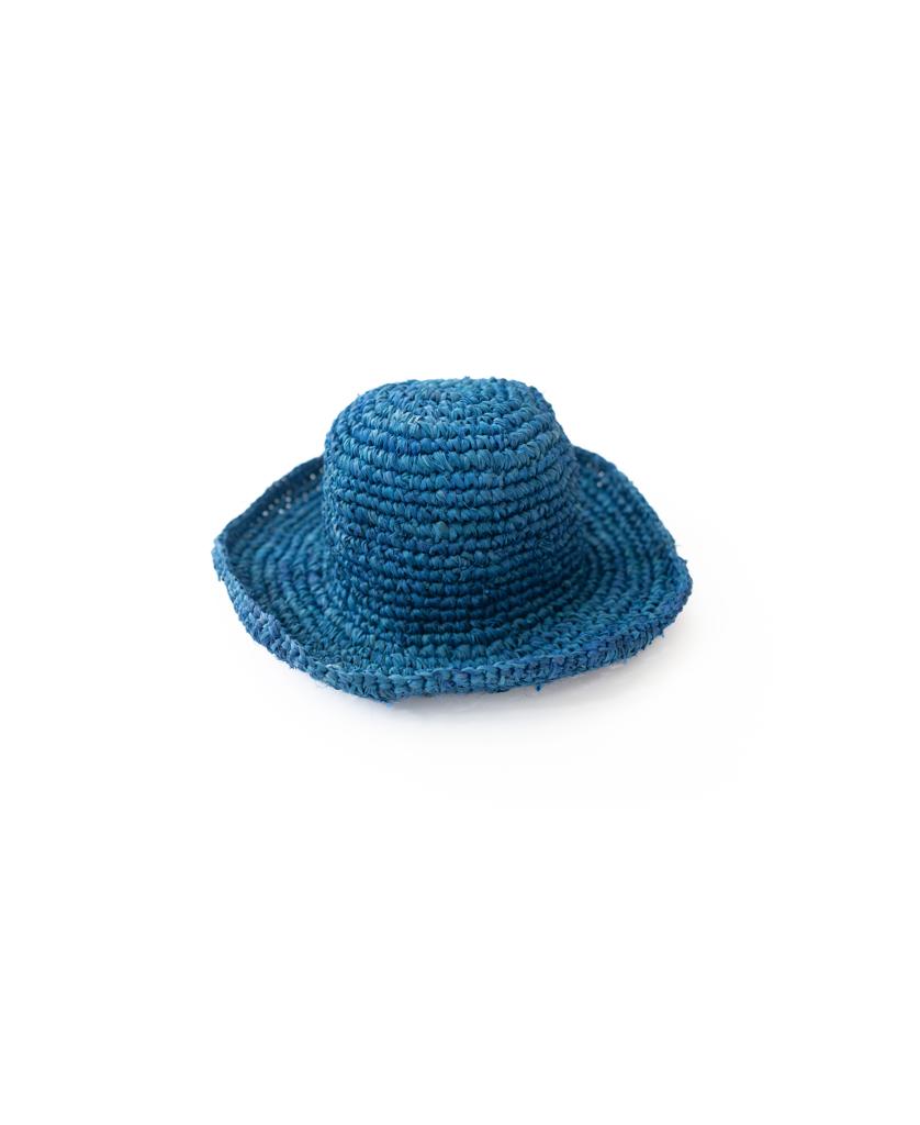 The Lazy Beach Raffia Bucket Hat with Brim in blue, crafted from woven straw and perfect for summer, is shown against a plain white background.