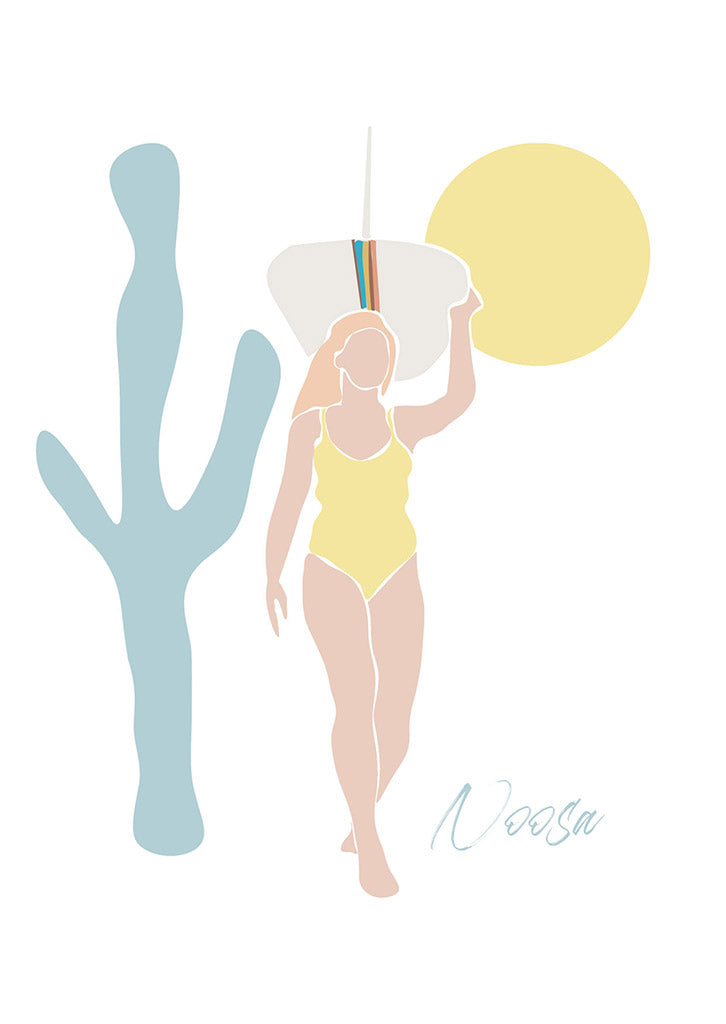 The Let Me Sea Postcard Mellow Yellow features a minimalist woman in a yellow swimsuit with a surfboard, walking by a blue cactus and yellow sun, evoking vintage surf postcards. Noosa appears at the bottom.