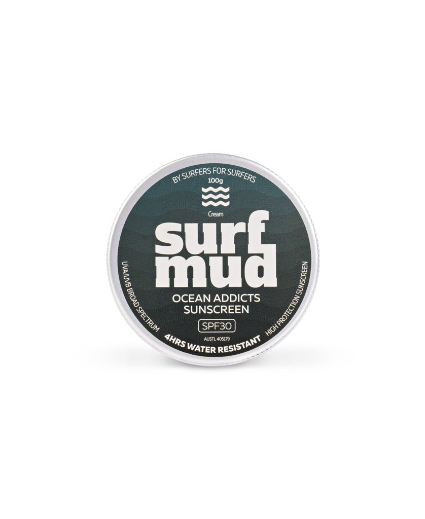 The Surf Mud Ocean Addicts Sunscreen Tin SPF30 uses Non-nano Zinc Oxide for high protection, offers 4-hour water resistance, and is designed for surfers and ocean sports fans.