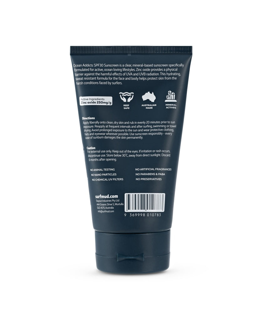 Back view of Surf Mud Ocean Addicts Sunscreen SPF30 tube showing product info, directions, caution, ingredients, barcode, and water resistance—perfect for ocean sports enthusiasts.