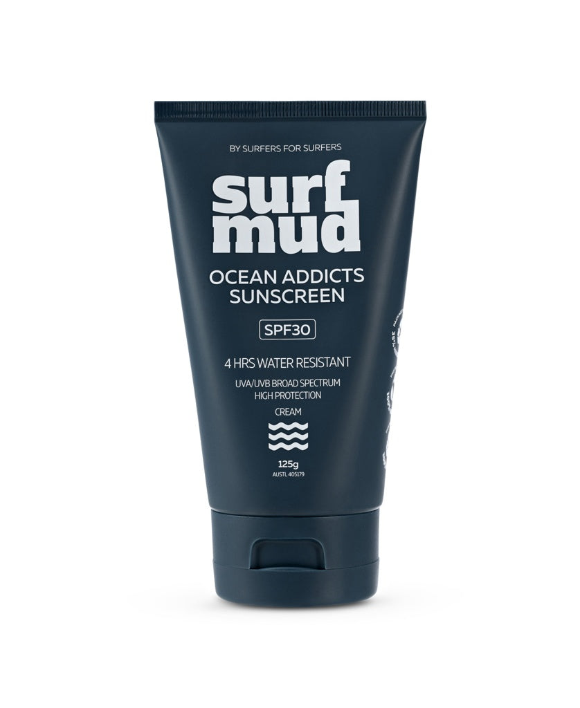 A 125g tube of Surf Mud Ocean Addicts Sunscreen SPF30, a mineral sunscreen designed for ocean sports, is labeled 4 hours water resistant and provides UVA/UVB broad spectrum protection.