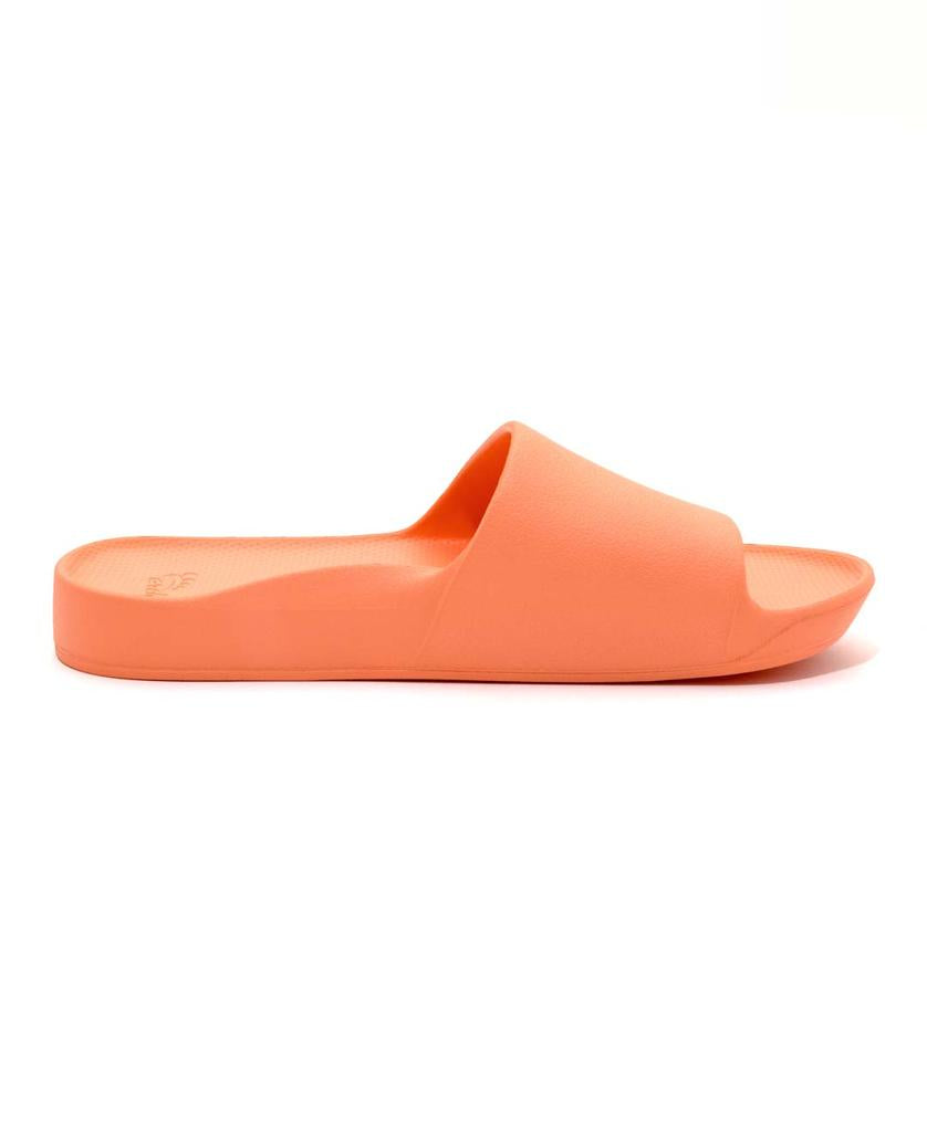 The Archies Archie Slide | Peach is a single slide sandal with arch support, open toe, and wide strap, made from closed cell foam. Shown in side profile on a plain white background.