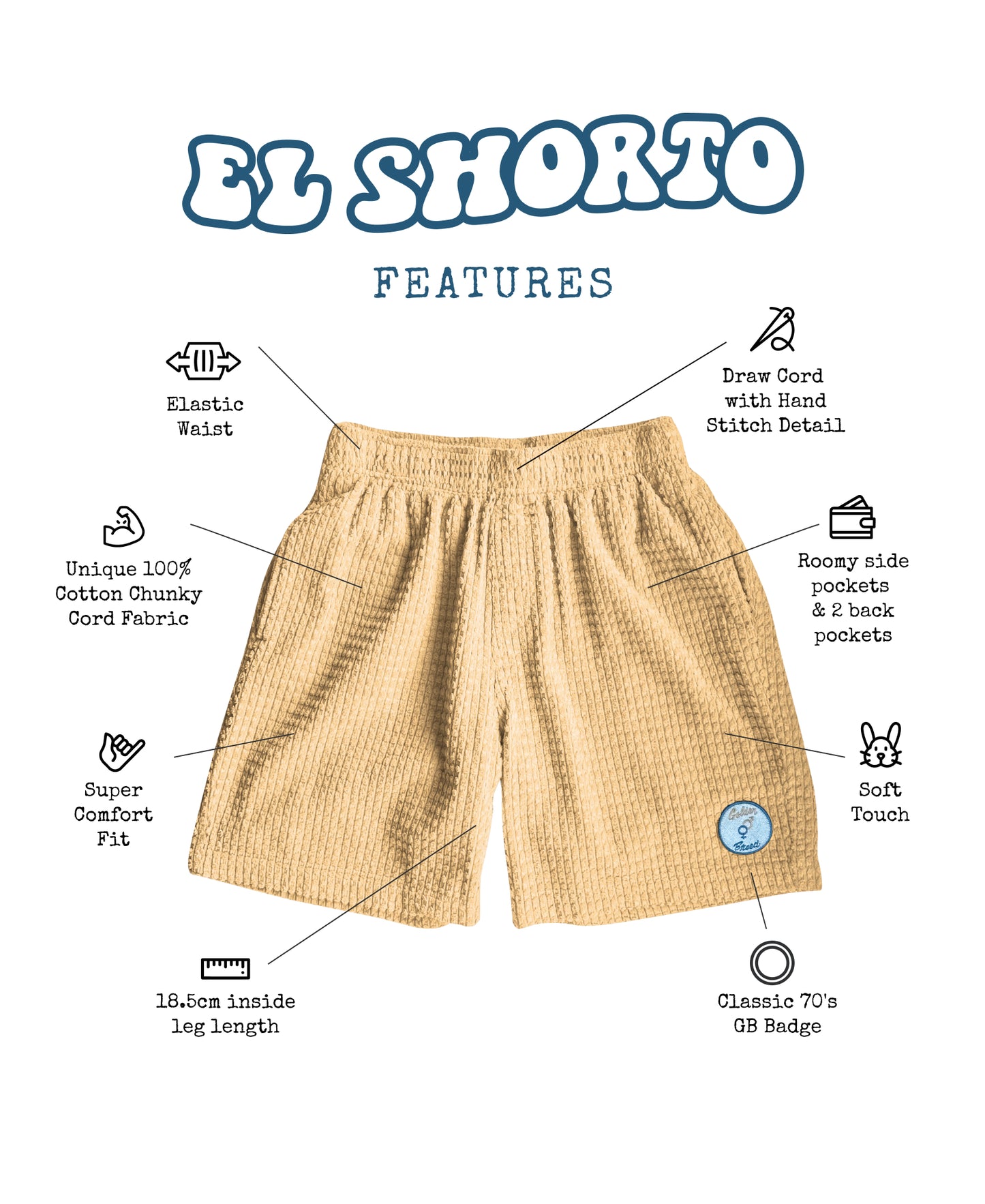 The El Shorto Walkshort by Golden Breed in Wash Brown features an elastic waist with draw cord, side and back pockets, patch detail, and is made from chunky cotton cord. With an 18.5cm inside leg, its a comfortable everyday choice.