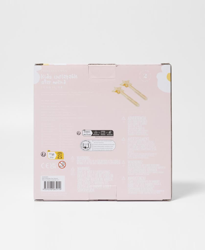 The back of the Kids Inflatable Star Wand Princess Swan | Gold Set of 2 by Sunny Life features white text, flower graphics, and star-topped wands on a pink box, hinting at magical fun with these pool toys.