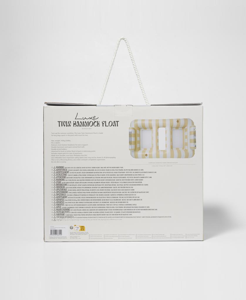 Back of the Sunny Life Luxe Twin Hammock Float Mango Bay | Soft Mustard package, showing product info, instructions, and an image of the oversized hammock float in golden mustard and cream stripes with a rope handle.