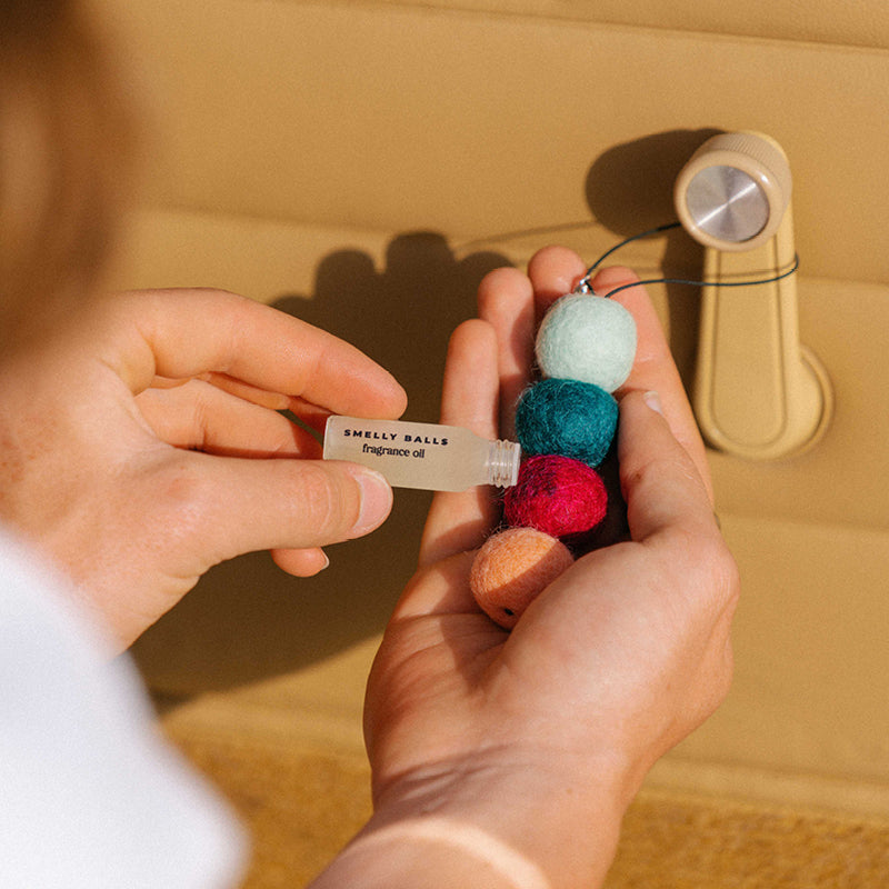 A person holds colorful Smelly Balls and a small bottle of Roadie Set Honeysuckle fragrance oil next to a car door handle.