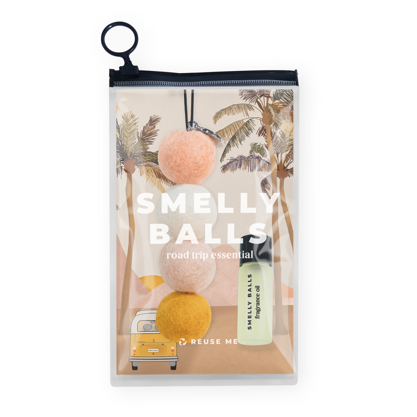 The Smelly Balls Sun Seeker Set Coconut + Lime includes ethically sourced wool balls in three colors, a Coconut + Lime fragrance oil, and features palm tree and van graphics.