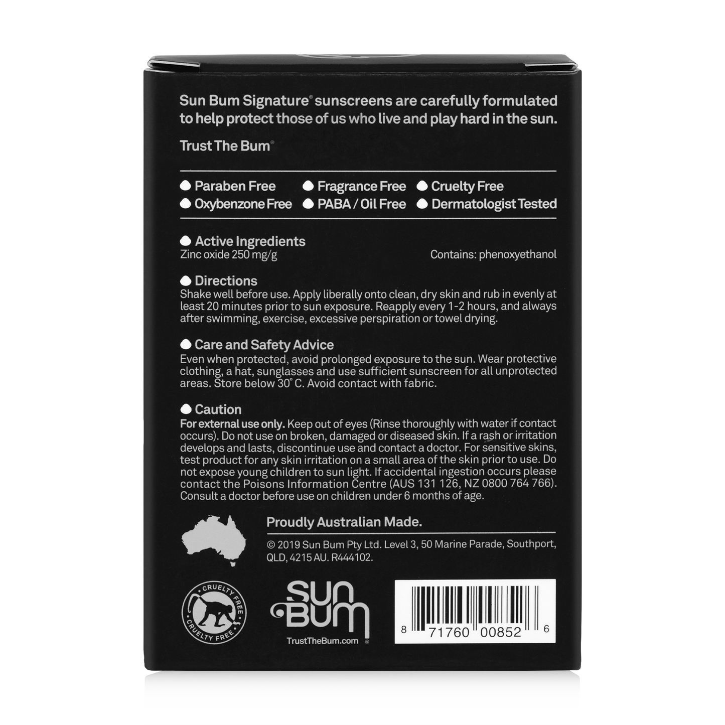 Back of a Sun Bum Signature SPF50 Lotion 88ml box displays broad spectrum protection, key features, active ingredients, usage directions, warnings, manufacturing info, and a barcode.