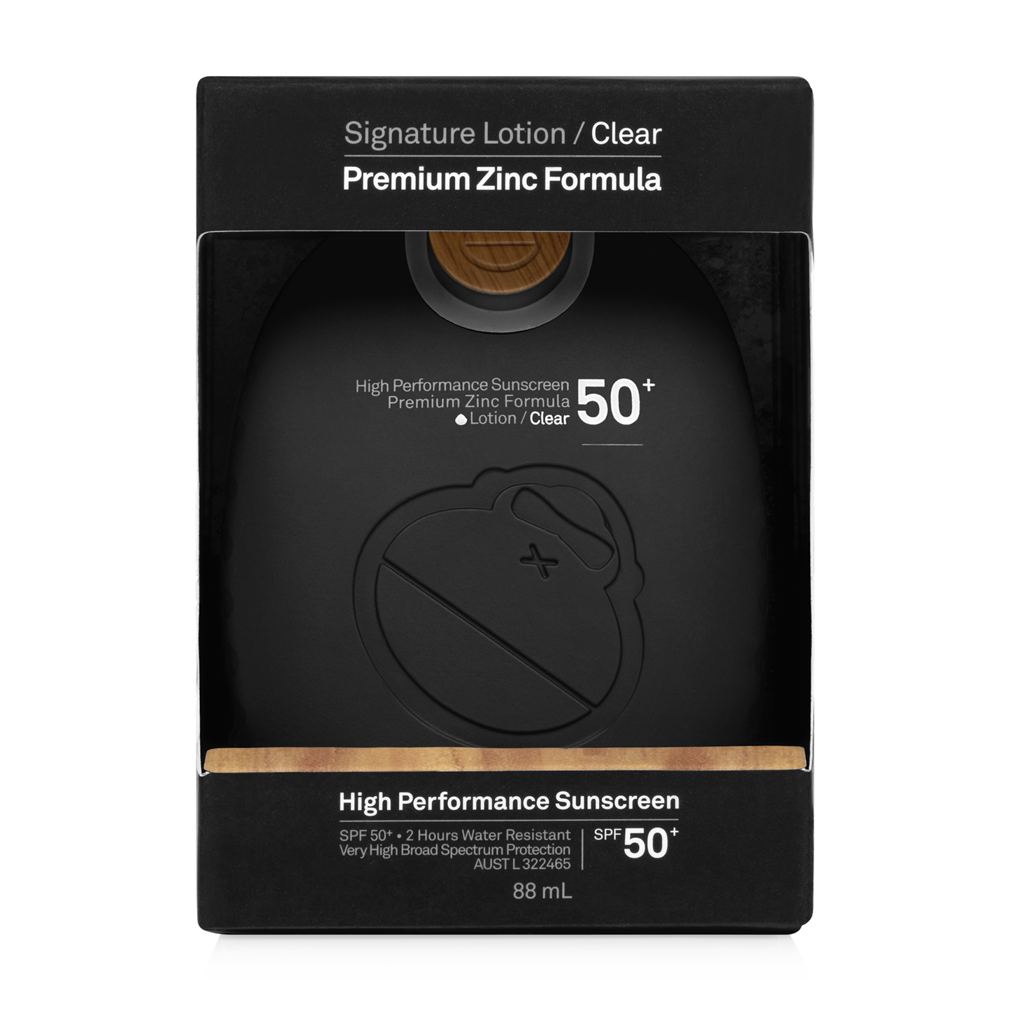 A black 88ml bottle of Sun Bum Signature SPF50 Lotion features mineral-based sunscreen with Broad Spectrum protection, water resistance, and comes in sleek black packaging.