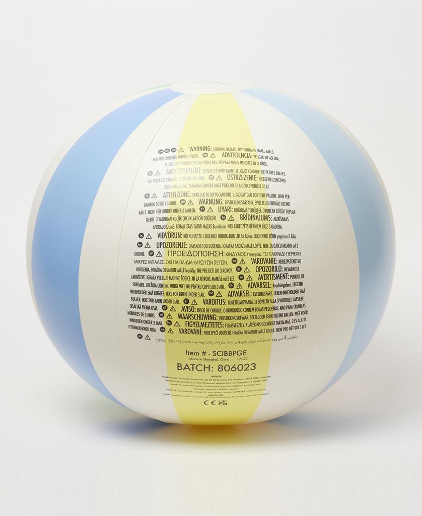 The Sunny Life Pool Side Inflatable Beach Ball | Pastel Gelato is a vintage-inspired beach ball made from non-toxic, phthalate-free PVC, with stripes and multilingual warnings and instructions on one side.
