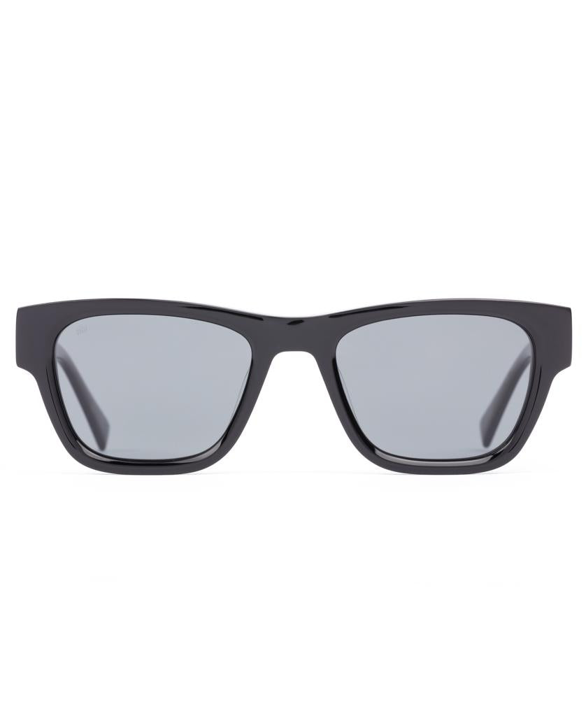 Front view of Sito Boston sunglasses in Black / Iron Grey Polar, featuring a sleek plant-based acetate frame and dark tinted lenses, set against a white background.