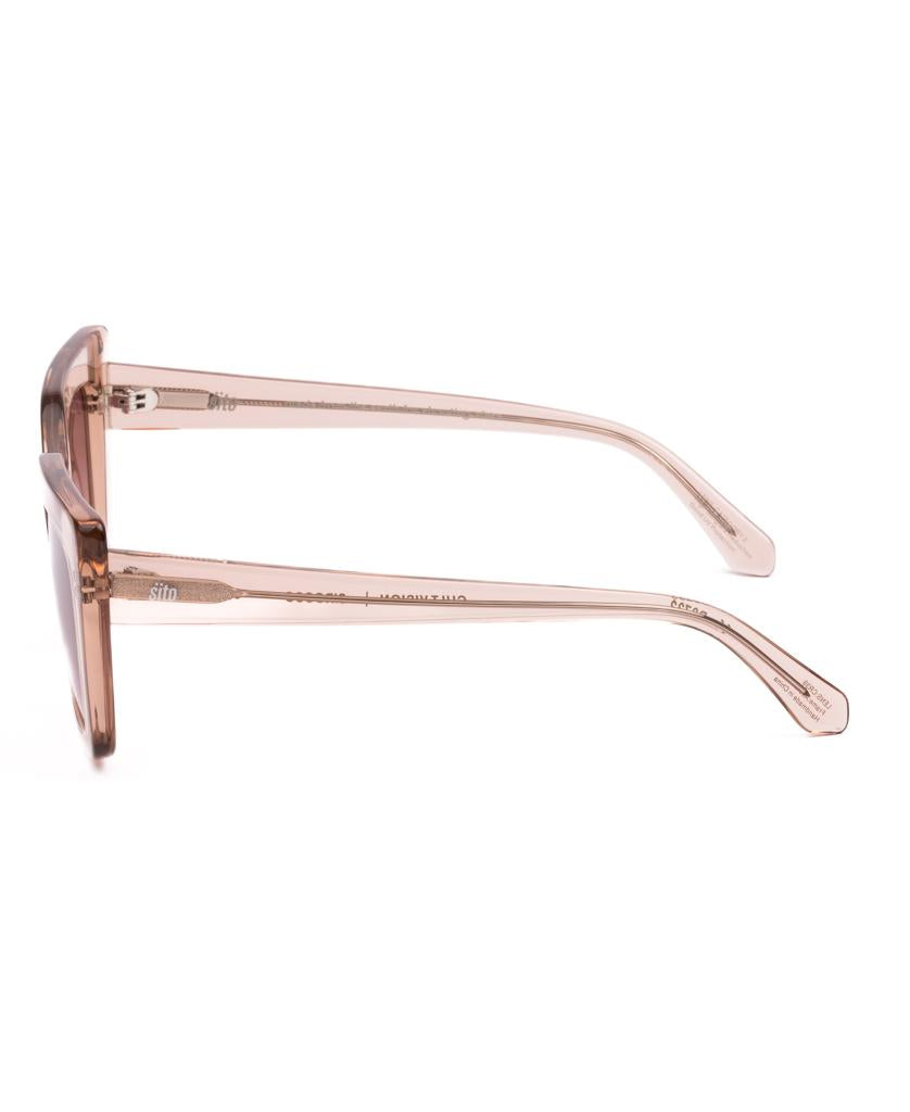 Side view of Sitoโs Cult Vision | Sirocco / Rose Gradient: light pink translucent cat-eye sunglasses made from plant-based acetate, with straight arms and subtle temple branding.