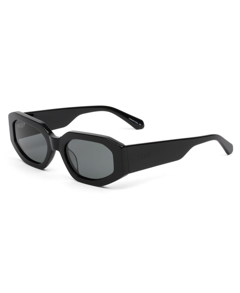 Sito Juicy sunglasses in Black/Iron Grey Polar feature thick rectangular frames and dark lenses, handmade from plant-based acetate for style and sustainability, with high UV protection. Shown on a white background.