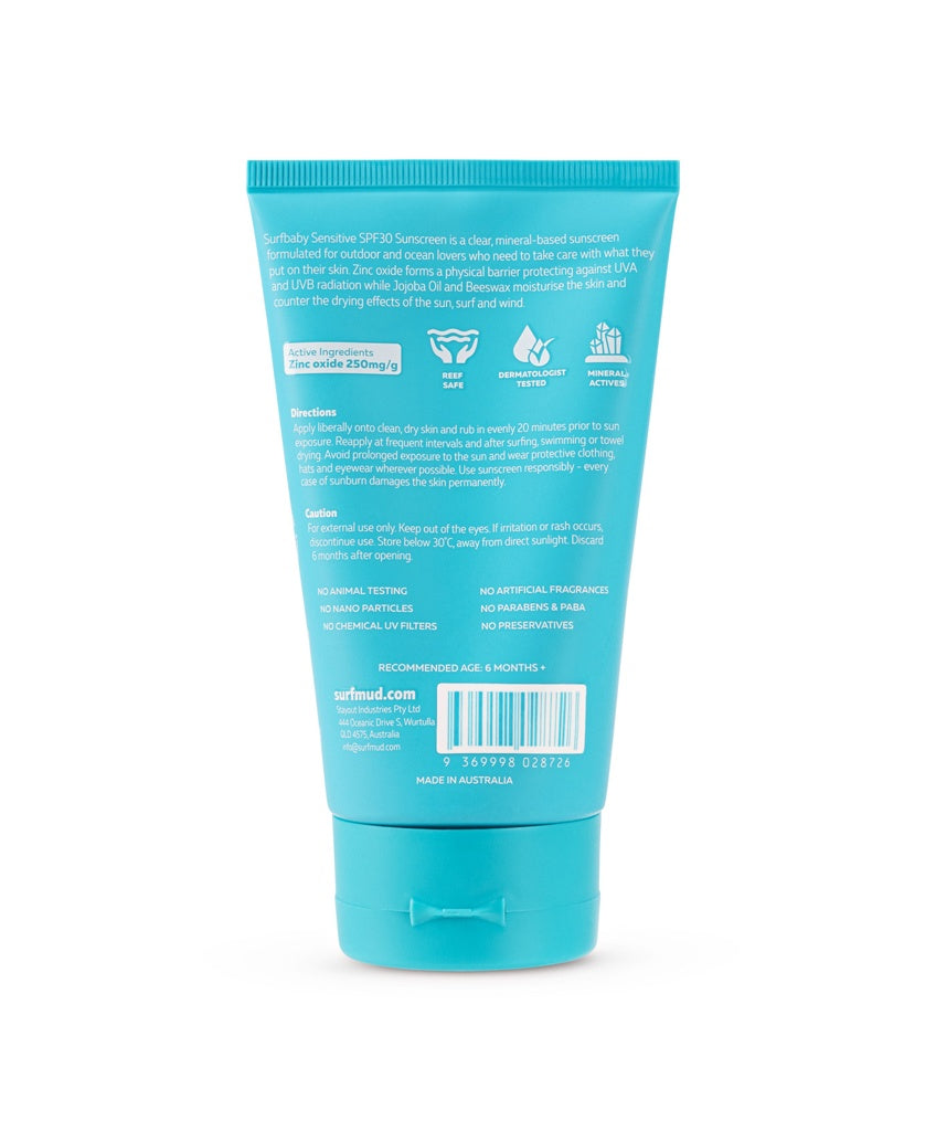 A blue tube of Surf Mud SurfBaby Sensitive Sunscreen SPF30 with directions, caution, ingredients like non-nano zinc oxide, and product details on the back.