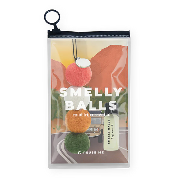The Smelly Balls Sunglo Set Dream Thyme includes four colored, ethically sourced wool felt balls in a clear pouch and a small bottle of Dream Thyme fragrance oil.