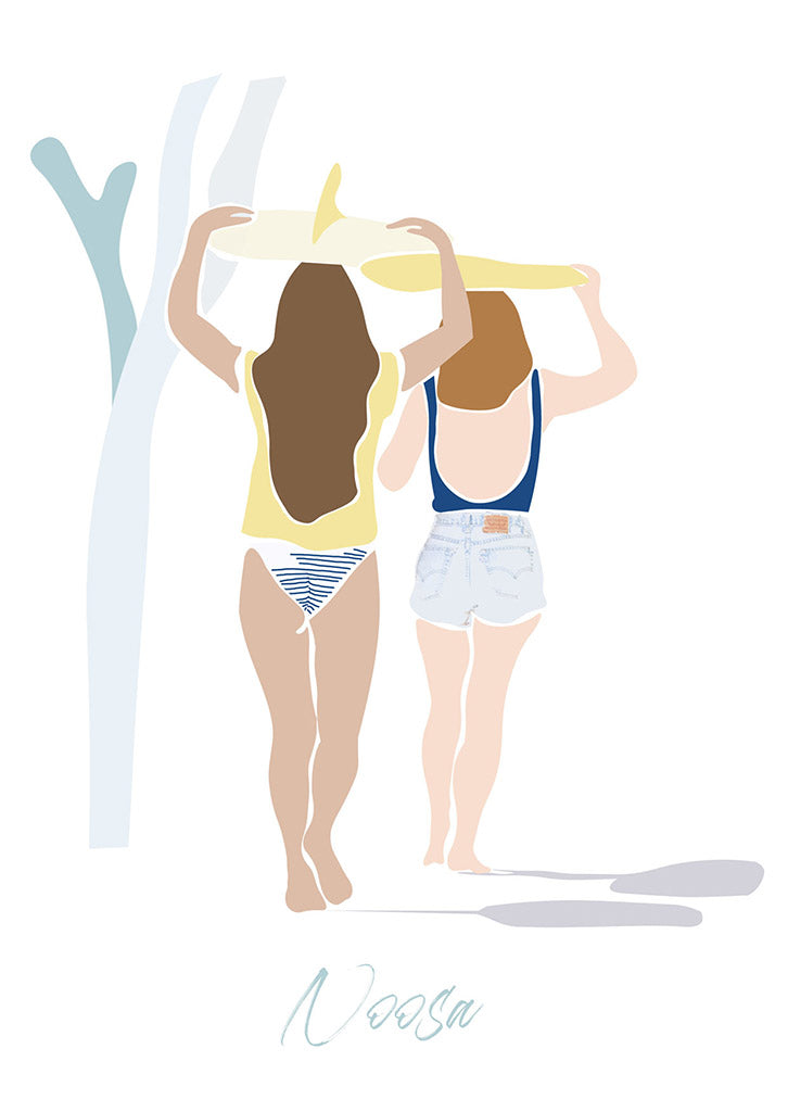 Two women carrying a surfboard overhead evoke classic vintage surf vibes on the Postcard Tee Tree Walk by Let Me Sea. Barefoot on a light surface, minimal background, “Noosa” written below highlights the scene.