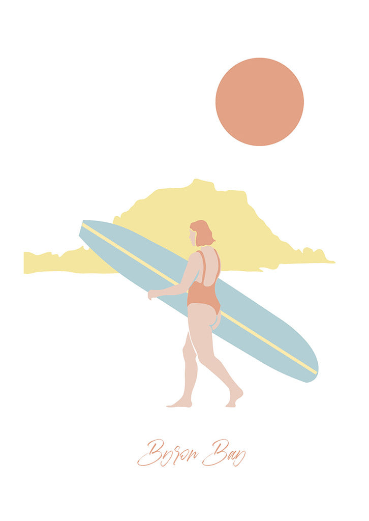 Minimalist illustration of a surfer at the beach with sun and hill, inspired by vintage surf postcards. Postcard The Pass Gen by Let Me Sea is perfect for fans of premium surf photography and Byron Bay vibes.
