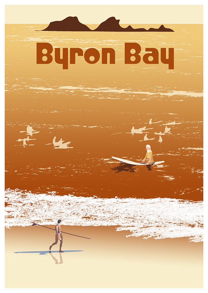 The Postcard Julian Rocks by Let Me Sea is a vintage-style poster of Byron Bay with surfers, paddle boarders, aqua ocean hues, and an island silhouette—evoking the charm of classic Vintage Surf Postcards.
