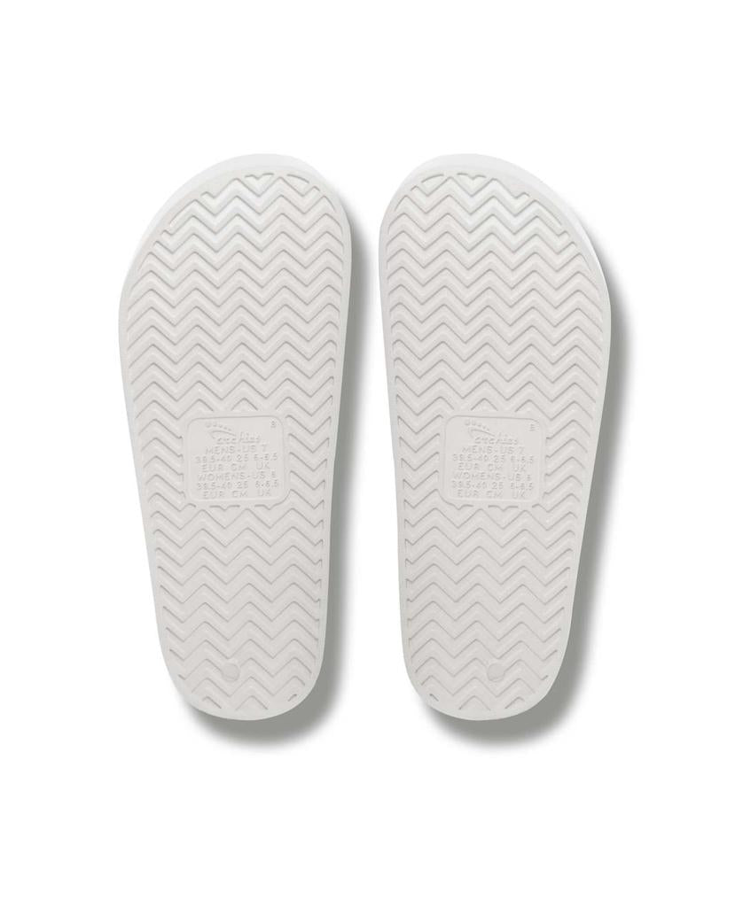 The Archies Archie Slide in white features rubber soles with a zigzag tread and rectangular textured centers, offering supportive, all-day comfort—perfect for creating comfy slides.