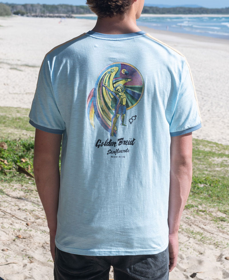 Golden Breed Flying Man Ringer Tee | Turquoise - T-Shirts