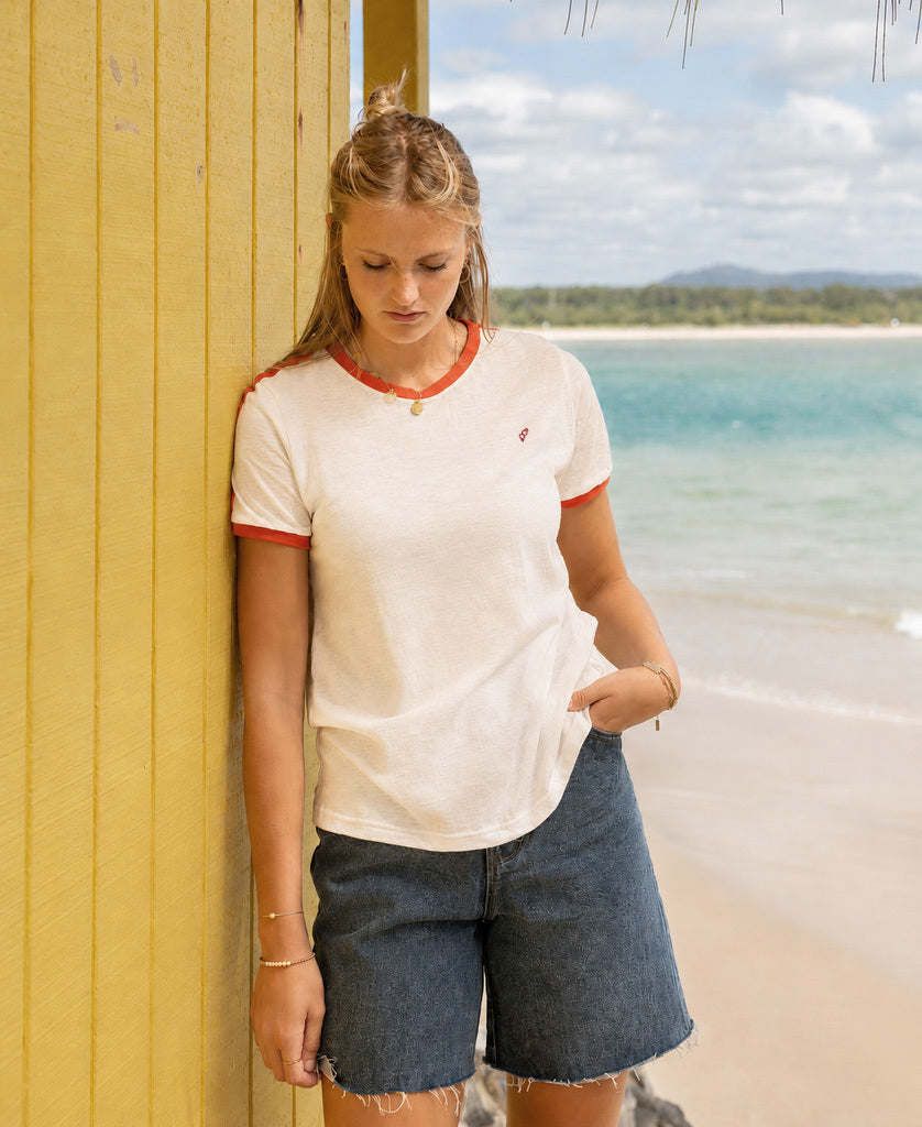 Golden Breed Retro Ringer Tee | Off White/Wash Red - T-Shirts
