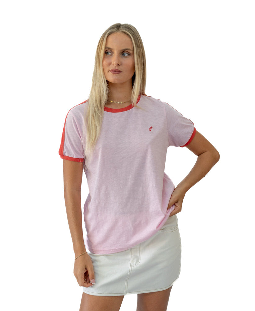 Golden Breed Retro Ringer Tee | Baby Pink/Wash Red - T-Shirts