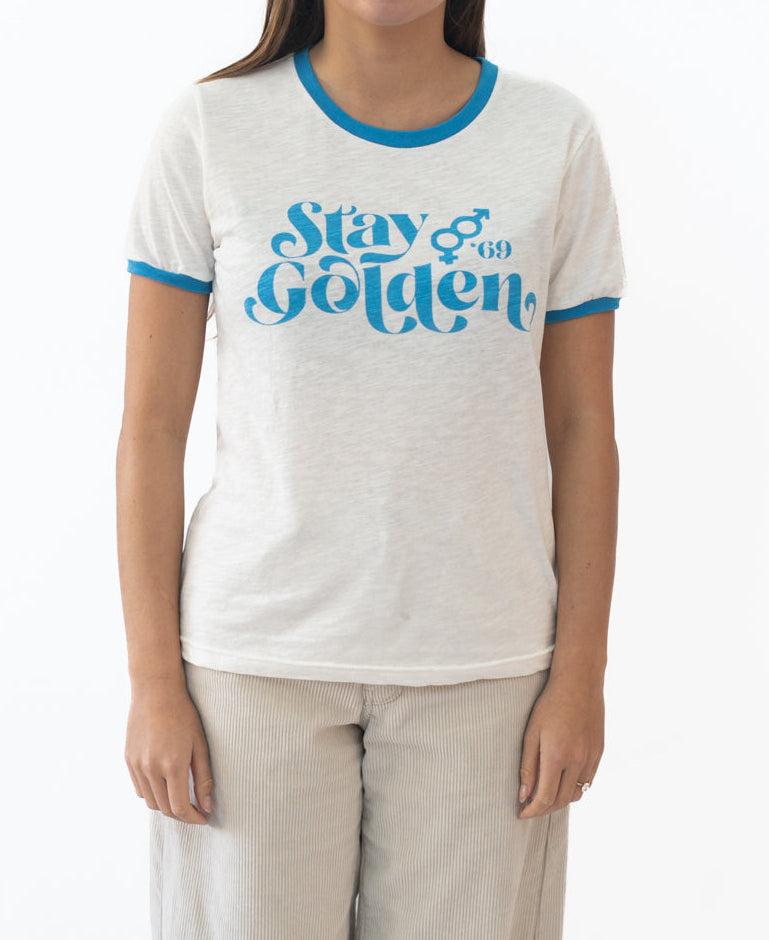 Golden Breed Stay Golden Ringer | Off White/Aqua - T-Shirts