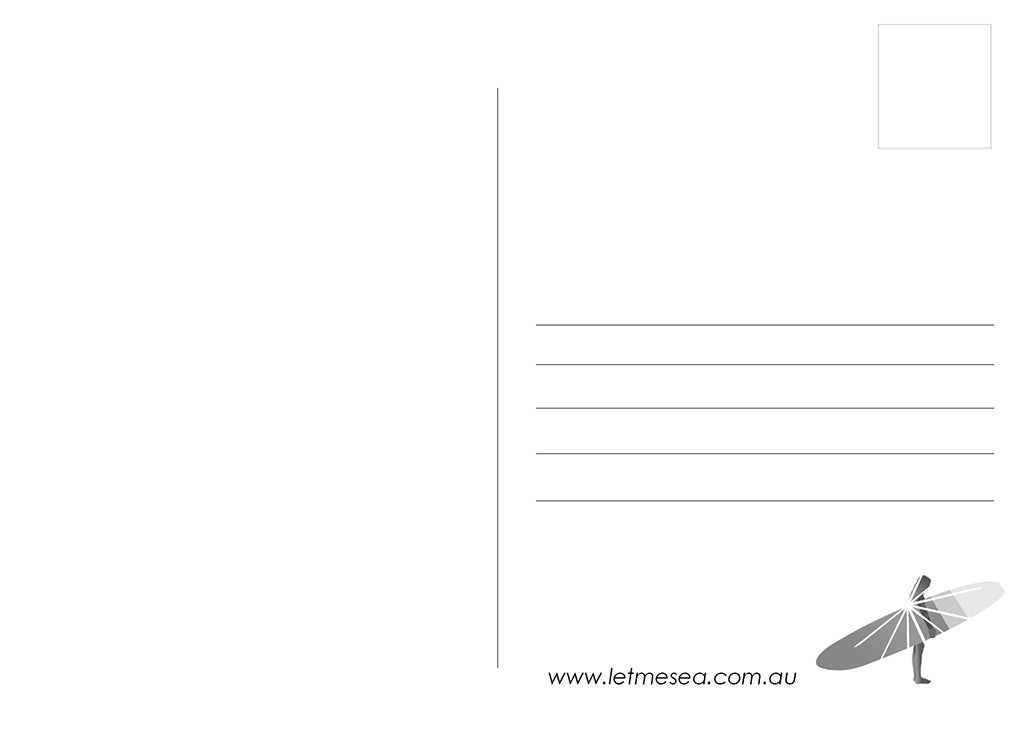 The Postcard Julian Rocks by Let Me Sea features a minimalist back with address lines, stamp box, a surfer silhouette in the bottom right corner, and retro surf vibes in aqua hues. Learn more at www.letmesea.com.au.