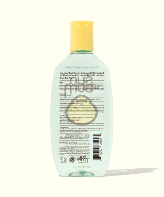 The Sun Bum Aloe Gel | 237ml comes in a clear plastic bottle with a yellow cap. Formulated with Aloe Gel and Vitamin E, it’s ideal for soothing sunburns; product label and usage instructions are visible on the back.