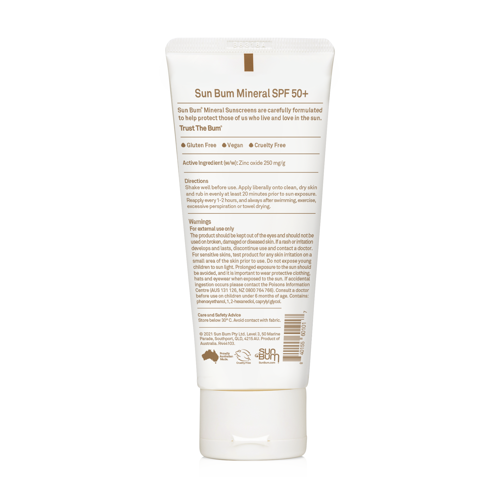 A tube of Sun Bum Mineral SPF 50 Lotion (88ml) by Sun Bum with product details, usage directions, and warnings printed on the label.