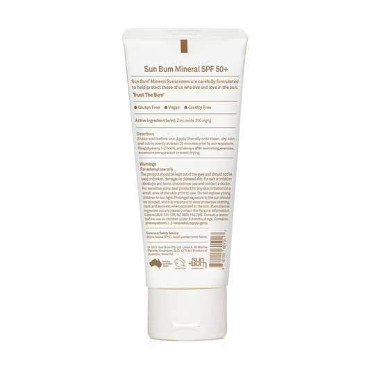 A tube of Sun Bum Mineral SPF 50 Lotion (88ml) by Sun Bum with product details, usage directions, and warnings printed on the label.