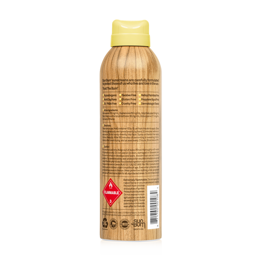 A Sun Bum SPF50 Spray (177ml) can with a woodgrain design and yellow cap, back label listing product details, warnings, SPF info, and a flammable symbol.