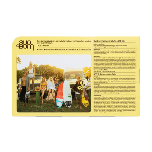 A group in swimwear poses with surfboards and a van on grass; info and warnings about the Sun Bum Day-Tripper Pack by Sun Bum appear on the right.