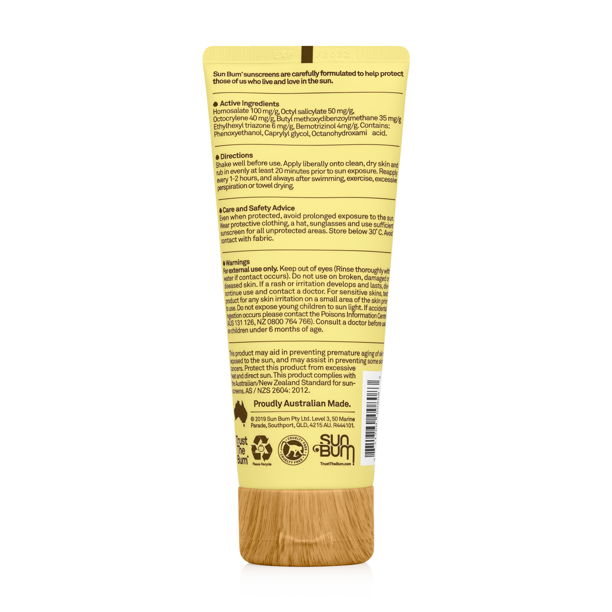 Back label of Sun Bum SPF50 Face Lotion (88ml) displays ingredients, usage, safety info, and warnings in black on yellow—ideal for anyone wanting a matte finish face sunscreen from Sun Bum.