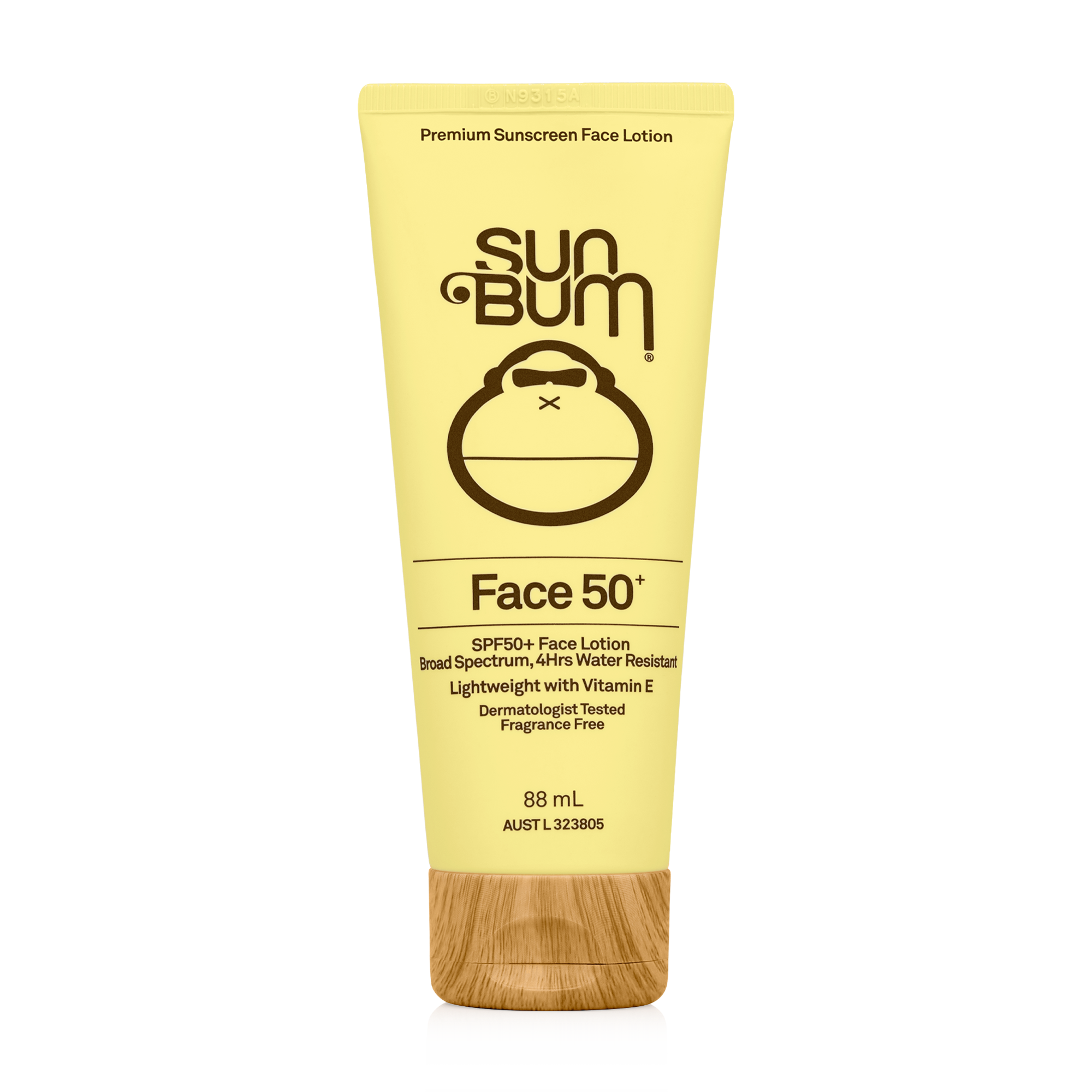 A yellow tube of Sun Bum SPF50 Face Lotion | 88ml, featuring a matte finish and brown-printed product details on the front.