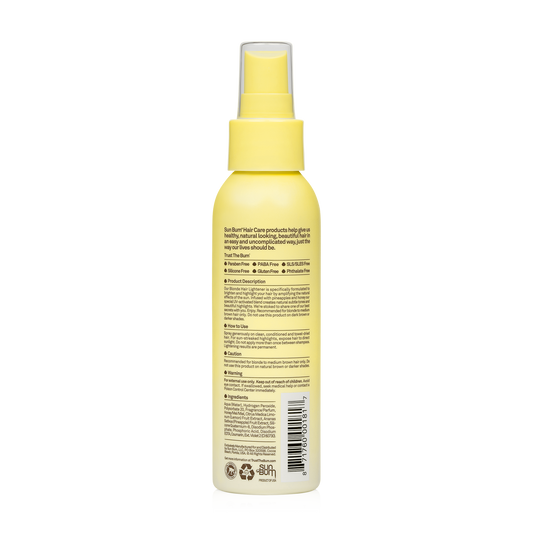 A yellow Sun Bum Blonde Hair Lightener spray bottle is shown from the back with product details, usage instructions, and ingredients in black text. Features a UV-Activated Blend for natural blonde highlights.