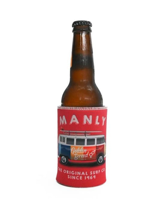 A brown beer bottle in the Manly Stubby Kombi | Wash Red holder by Golden Breed, made of neoprene with a sublimated print featuring a vintage van and the text MANLY, Golden Breed, The Original Surf Co. Since 1969.