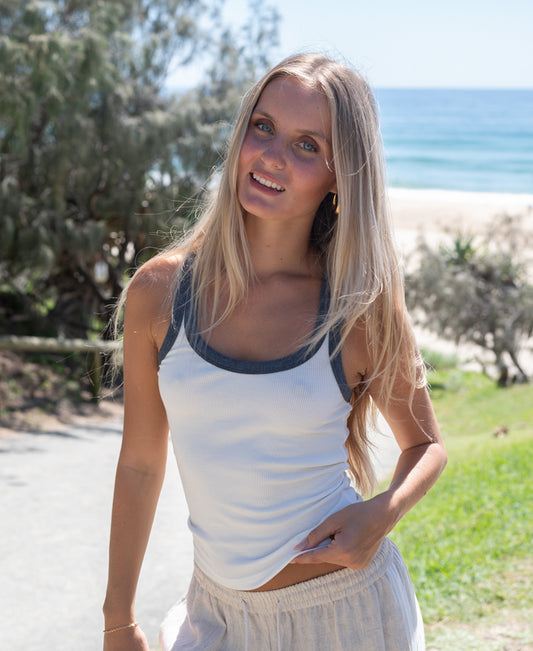 Flick Ringer Tank | Off White / Petrol