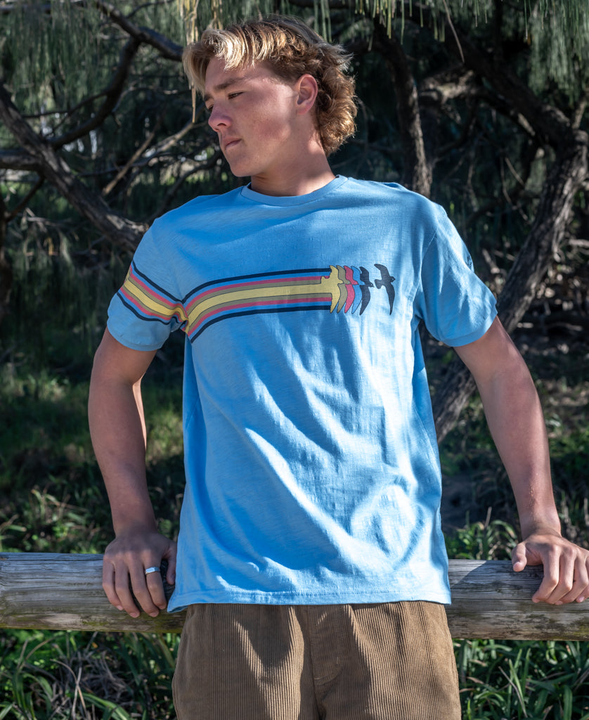 Golden Breed Birds Ringer Tee | Azure Blue - T-Shirts