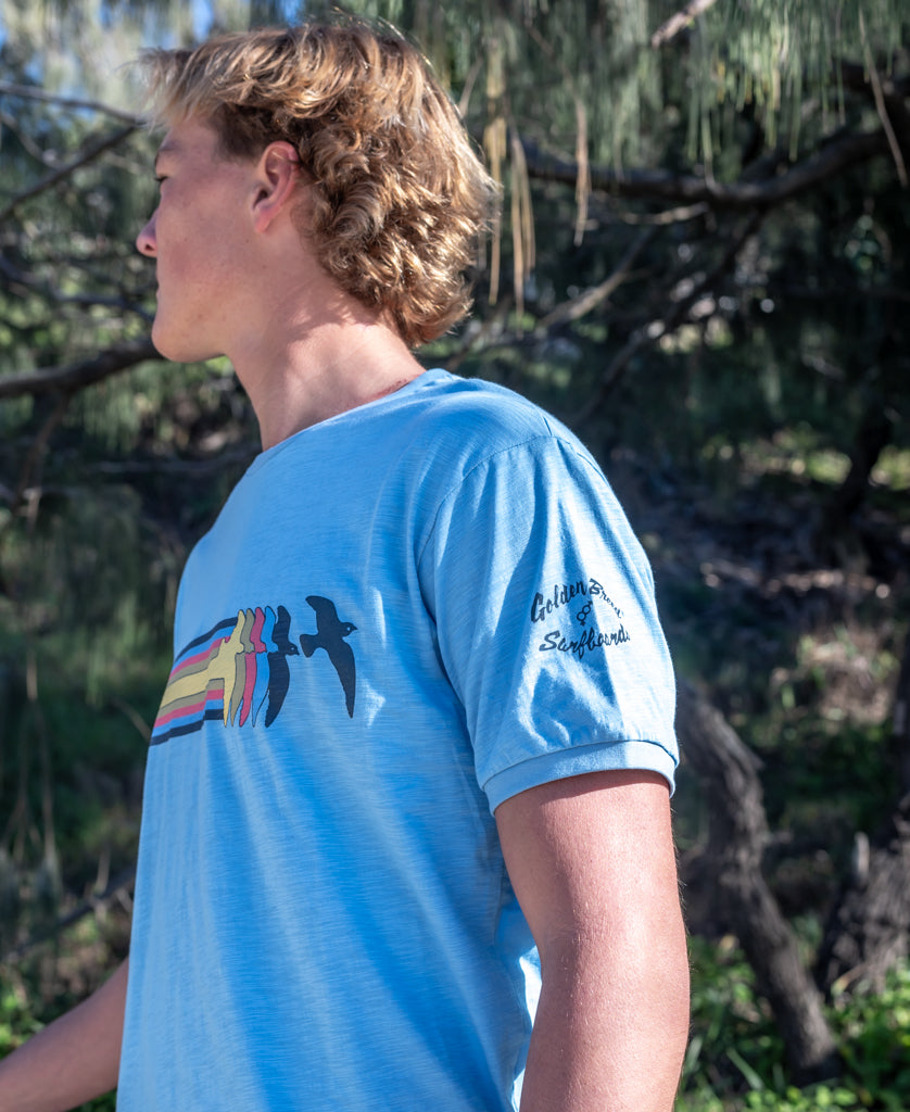 Golden Breed Birds Ringer Tee | Azure Blue - T-Shirts