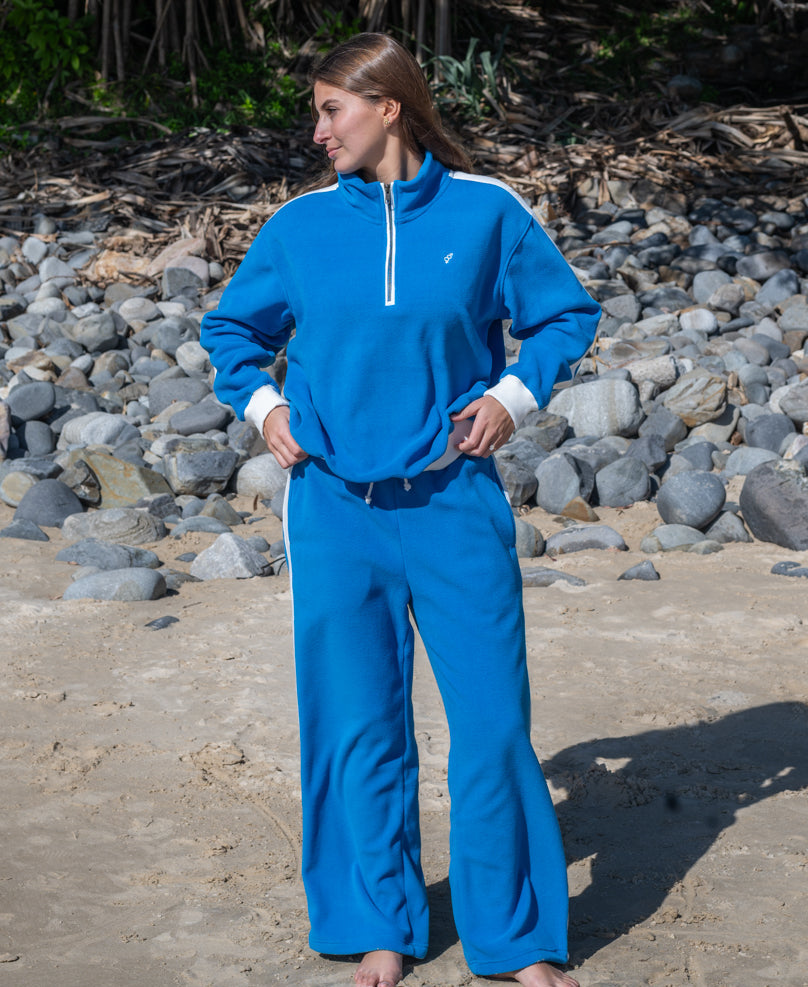 Golden Breed Peggy 1/2 Zip Retro Sweat | Aqua/Off White - Sweaters