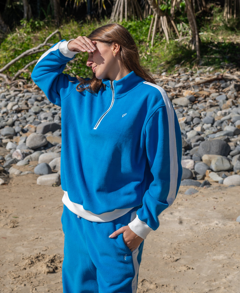 Golden Breed Peggy 1/2 Zip Retro Sweat | Aqua/Off White - Sweaters