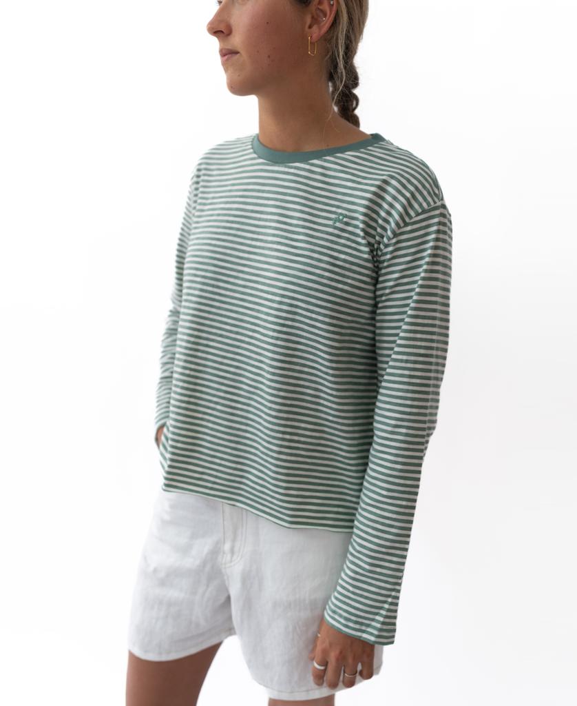 Mary LS Ringer Tee | Off White / Green