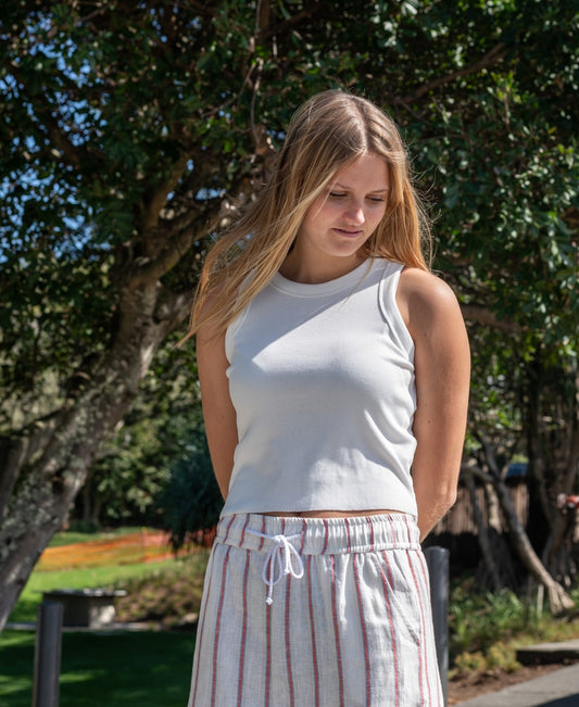 Gigi Linen Mini Skirt | Off White / Red Stripe
